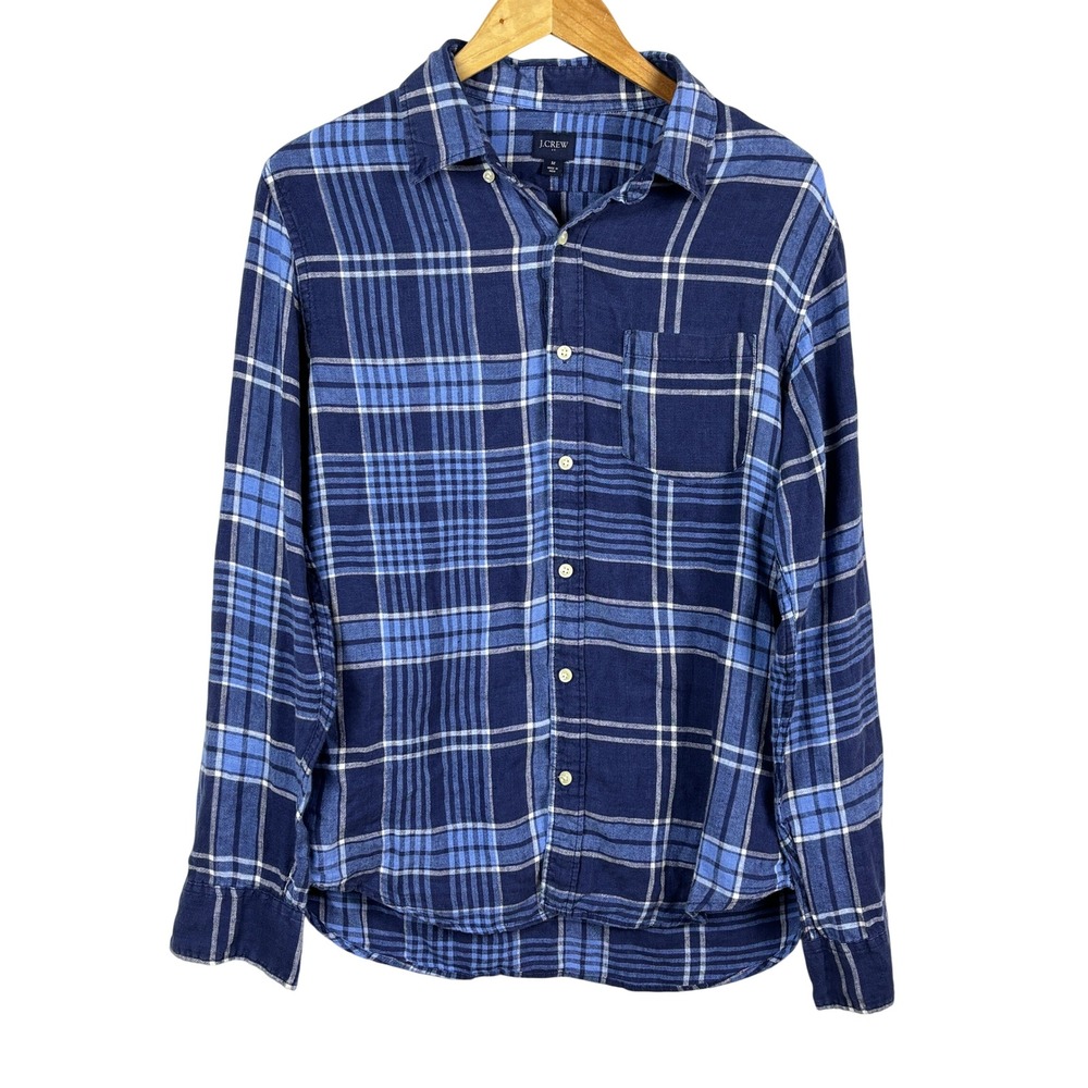 J.Crew Men 100% Linen Long Sleeve Button Up Shirt Sz M Classic Blue Plaid Preppy